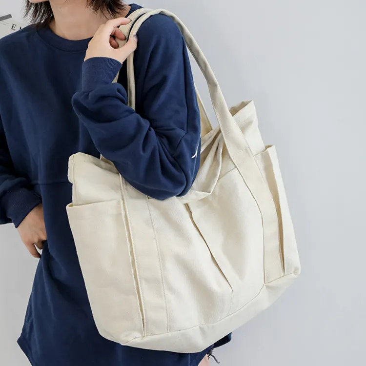Factory Price White Plain Thick Canvas Tote Bags Zipper Storage Shopping Natural Cloth Tote Bag With Multi Pockets