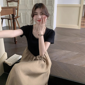 French Style Chic V Neck Elastic Waist Patchwork Dress For Women Summer Casual Daily Wear Khaki Solid Color - Product Image 3