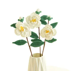 Ornamen rajut selesai rajutan tangkai buatan untuk dekorasi rumah hadiah Hari Ibu pernikahan kamelia buket bunga Crochet