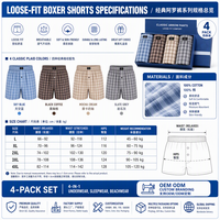 Lot de 4 shorts bermuda pour homme, taille élastique, coupe mi-ample, à carreaux vintage, respirants, effet laine, pour la nuit
