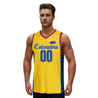 Maillot de basket personnalisé en gros, style drapeau, jaune, 100% polyester, respirant, séchage rapide, sans manches, taille adulte