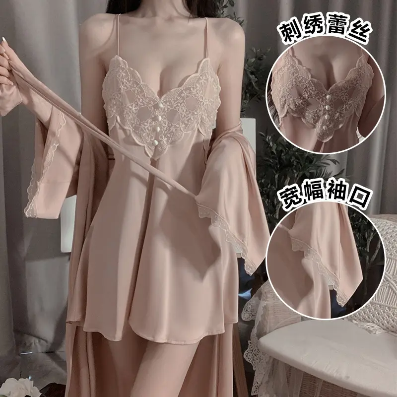 Guiruo mùa xuân và mùa hè thoải mái đồ ngủ backless ngọt ngào thêu ren Sling Áo Ngủ của phụ nữ cardigan nhà quần áo thiết lập 1