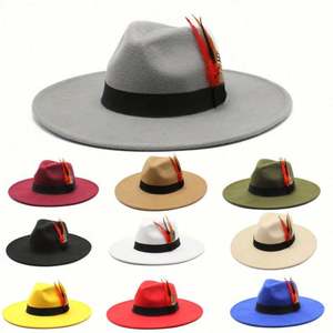 Sombrero Clásico de Ala Ancha de Fieltro para Exteriores, Sombreros Fedora para Mujer al por Mayor 2022 con Cinturón de Plumas - Product Image 1