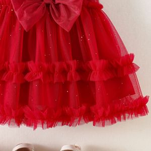 Vestido de Tul Rojo para Niña Pequeña, Vestido de Fiesta con Volantes, Mangas con Lazo, Vestido de Princesa para Fiesta de Cumpleaños Infantil - Product Image 3