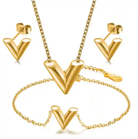 الأزياء والمجوهرات على شكل حرف V 18K الفولاذ المقاوم للصدأ القرط قلادة سوار مجموعة مجوهرات النساء أمريكا هدية الزفاف مجموعة مجوهرات