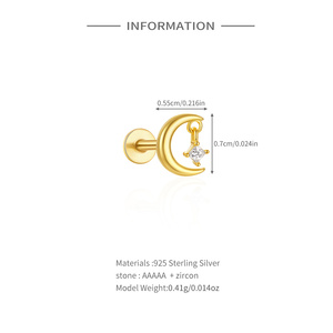 Piercing d'oreille unique en argent sterling 925, zircon lune, dos plat, pour cartilage et hélix - Product Image 2