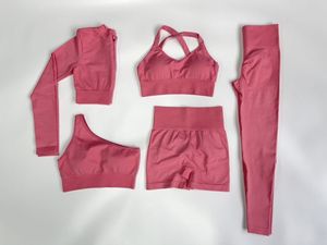 Vente en gros Ensemble yoga 5 pièces à <span class=keywords><strong>compression</strong></span> hautement extensible Soutien-gorge de sport et culotte de levage Ensemble hauts à manches longues pour femmes - Product Image 4