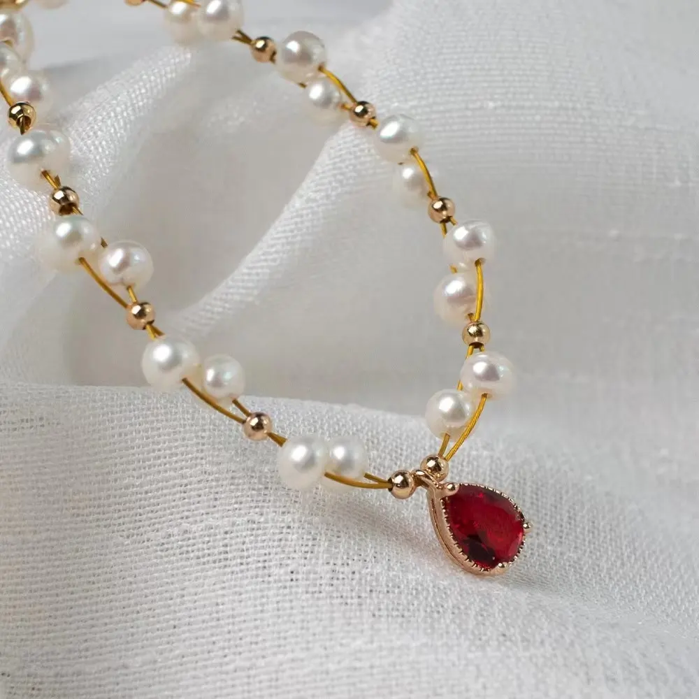 New Red Green Gemstone Pearl Bracelet Natural Freshwater Pearl Charm Bracelet Winding Handmade Jewelry For Women Gift