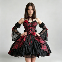 Vestido JSK Gótico Lolita Jacquard con Rosas Rojas y Negras, sin Mangas, con Tirantes, Disfraz de Cosplay de Anime, Traje para Actuación en Escenario