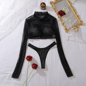 Completo Intimo Trasparente da Donna, Sexy Top Corto Arricciato a Maniche Lunghe e Mutandine a Vita Alta, Set 2 Pezzi Seducente per Ragazze alla Moda - Product Image 6