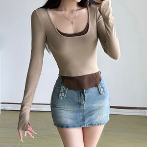 Camiseta de punto con bloques de color para mujer, cuello redondo, manga larga, informal, a la moda, estilo urbano, corte ajustado - Product Image 6