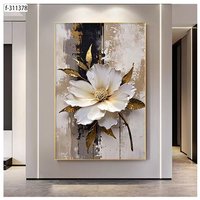 Lukisan Dinding Sofa Modern Motif Daun Emas Bunga Putih Tekstur 3D Kristal Porselen untuk Ruang Tamu