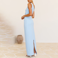 Robe longue asymétrique en crêpe pour femme, élégante robe de soirée bleue, fabrication sur mesure par un fabricant de vêtements OEM
