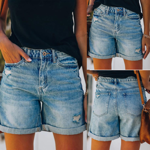 Shorts en jean taille haute pour femme, délavé à l'acide, coupe décontractée, ourlet retroussé, effet usé et effiloché, pour l'été - Product Image 2