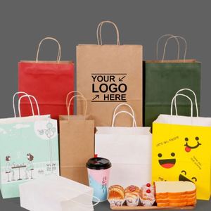 ถุงกระดาษคราฟท์สีน้ำตาลรีไซเคิลพร้อมหูหิ้ว สำหรับร้านอาหาร คาเฟ่ พิมพ์โลโก้ตามสั่ง บรรจุภัณฑ์อาหารแบบนำกลับบ้าน ซื้อของชำ ซื้อกลับบ้าน - Product Image 4