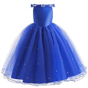 Robe de bal en tulle pour enfants, costume de cosplay d'Halloween, robe de princesse bleue à épaules dénudées avec papillons pour filles - Product Image 2