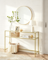 Table console moderne de luxe écologique en métal doré avec plateau en verre et étagère de rangement pour entrée et hôtel (vente en gros)