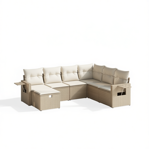 Modular Garden <b>Sofa</b> Set Beige Poly <b>Rattan</b> Steel Frame 6 Seater Outdoor Furniture Stylish Garden Set - Product Image 1