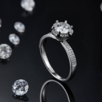 Cincin Perak Sterling 925 Grosir, Berhiaskan Moissanite Bulat dengan Setting Prong, Lapisan Rhodium, Perhiasan untuk Wanita