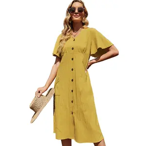 Robes mi-longues en coton pour femmes, boutons, décontractées, jaune, rétro, été, 2021