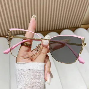 Photochromic Sunglasses Retro Decorative Shades Color Changing Lenses Anti Blue Luxury Rhinestone Glasses