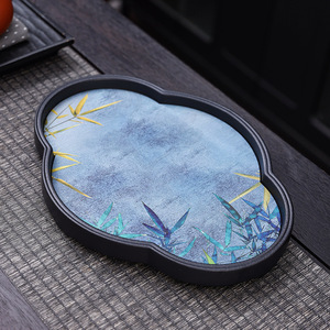 Plateau à thé en céramique de style chinois, rond, noir, avec motif de ginkgo, réutilisable pour service à thé, usage domestique - Product Image 3