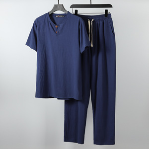 Set corti da <span class=keywords><strong>uomo</strong></span> in <span class=keywords><strong>lino</strong></span> di cotone in due pezzi Vetements personalizzati Pour Hommes Complet da <span class=keywords><strong>uomo</strong></span> in due pezzi pantaloncini Vetements D'ete Pour Hommes - Product Image 2