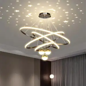 Home Decor 4 Anéis Teto Alto Pendurado Lâmpada Aço Led Round Modern Nordic Luxo Lustre De Cristal Pingente Luz Restaurante