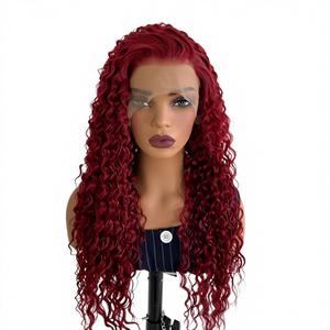 Venta Directa de Fábrica, Cabello Sintético con Encaje Frontal 13x4, Color Rojo Vino Natural, Rizo Pequeño, Fibra de Alta Temperatura, Rizo Africano - Product Image 1