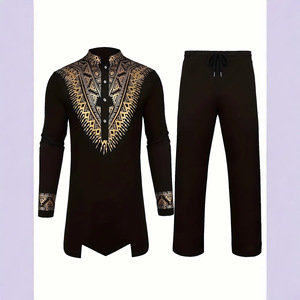 Ankara-Ensemble dashiki deux pièces pour hommes, vêtements africains, chemise à imprimé doré, caftan, haut de Dubaï, pantalon, costume musulman, <span class=keywords><strong>tenue</strong></span> formelle - Product Image 1