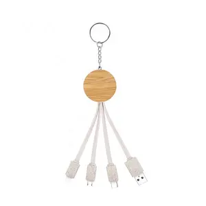 High quality private eco friendly degradable wheat straw round bamboo flat usb charging cable 3 in 1