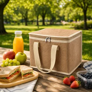 Custom Logo Reusable Large Capacity Thermal Insulated Burlap Tote for Outdoor Picnic Grocery Takeaway Lunch Jute Cooler Bag - Product Image 3