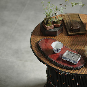 Wabi Sabi Black Bamboo Round Tea <b>Table</b> Handmade Living Room Set - Product Image 4