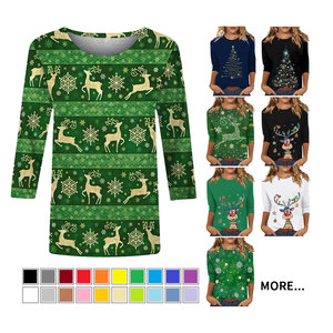 Magliette Lavorate a Maglia con Collo Tondo per <span class=keywords><strong>Donna</strong></span>, Stampa Personalizzata a Trasferimento Termico, Maniche a Tre Quarti, Design Moderno Natalizio - Product Image 1