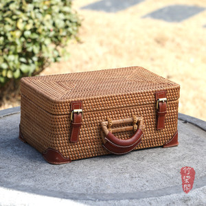 Handmade Rattan Tea <b>Storage</b> Box Rectangle With Handles Portable Outdoor Use - Product Image 5