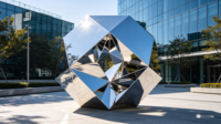 Sculpture paramétrique en acier inoxydable, volumes géométriques imbriqués, installation pour parc public, monument et atrium d'entreprise