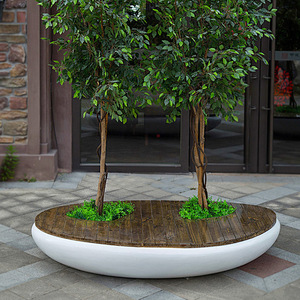 Plastic <b>Tree</b> <b>Planter</b> Bench With Wood Top <b>For</b> Mall Indoor Outdoor Seating - Product Image 2
