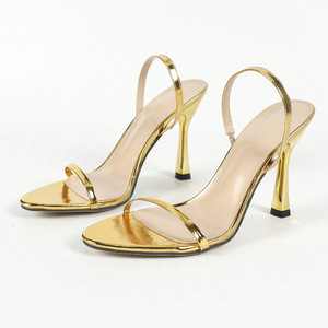 Sandalias de tacón de aguja doradas metálicas para mujer con punta cuadrada y tira fina, sin cordones, para fiesta - Product Image 4