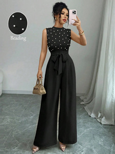Mono D&M Personalizado de Estilo Europeo Americano para Mujer, Primavera Verano, Elegante, Negro con <span class=keywords><strong>Lunares</strong></span>, Cuello Redondo, Sin Mangas, Pantalones Anchos de Poliéster - Product Image 3