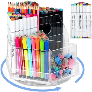 OEM Factory Rotatable Clear Acrylic Pen Marker Organizer 6 Compartments Acrylic Table Storage Case