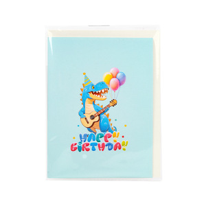 Biglietto d'Auguri 3D Pop-up per <span class=keywords><strong>Compleanno</strong></span>, Simpatico Dinosauro T-Rex Blu con Chitarra e Cappello da Festa, Biglietto di Auguri per Bambini con Busta - Product Image 3