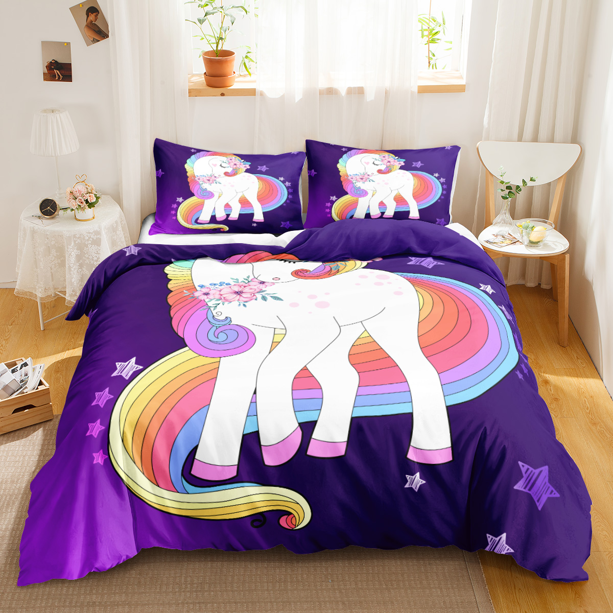 New Unicorn full size 3D digital printing cartoon animation Children's bedding character duvet cover 3 pieces