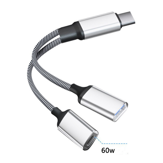2 in 1 USB C Splitter, Type C to USB a + USB C Adapter with 60W PD Fast Charging, Nylon Braided Hub for iPhone 16, Laptop