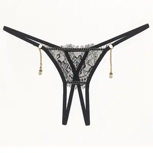 Fashion Hanging Pearl Black Lace Open Crotch Women Thong G-String