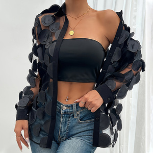 Ensemble deux pièces transfrontalier : chemisier à manches longues en maille ajourée tendance avec embellissements floraux tridimensionnels pour femme - Product Image 2