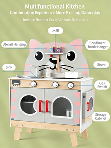 Jouets en bois pour enfants : Cuisine de poupée en bois bleue pour la classification des déchets, jeu de rôle, cuisinière de simulation pour chat - Product Image 3