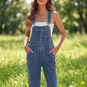 Combinaison en jean pour femme, style streetwear utilitaire, avec coutures contrastées et jambes extra larges et amples - Product Image 3