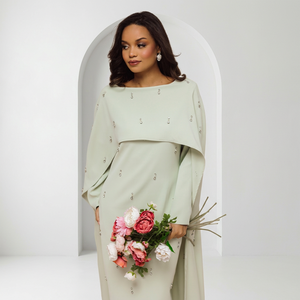 green emerald velvet dress Modest Muslim Women's Embellished Elegant Draped Sleeve Evening Dress