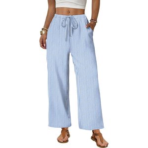 Wide Leg Pants Women Casual Palazzo <b>Drawstring</b> Elastic Waist <b>Trousers</b> With Pockets Summer Beach Vacation Clothes - Product Image 1