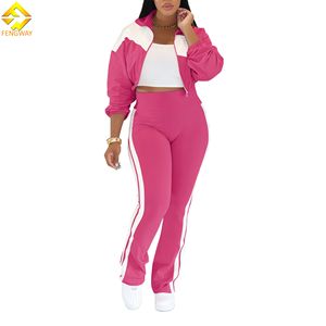 Otoño Invierno Streetwear mujer moda manga larga deportivo Casual conjunto de dos piezas Color bloque cremallera chaqueta pantalones largos traje - Product Image 4